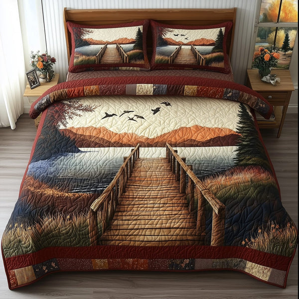 Rustic Wooden Dock quilted 3-piece bedding set on a made bed in a farmhouse bedroom