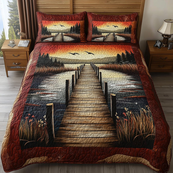 Rustic Wooden Dock quilted 3-piece bedding set on a made bed in a farmhouse bedroom