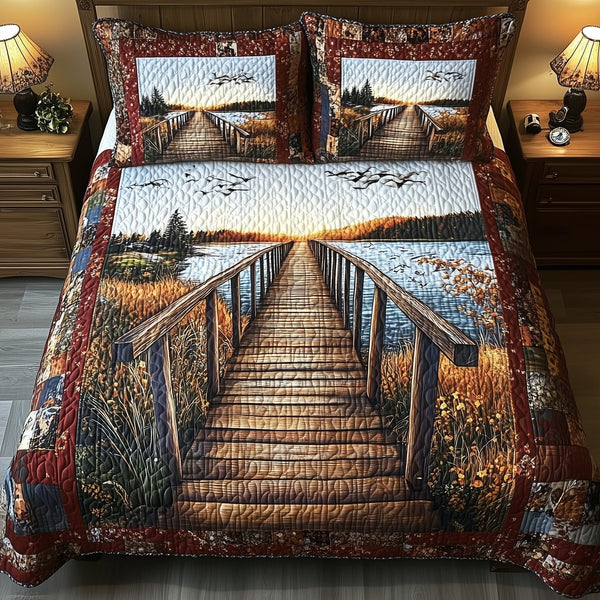 Rustic Wooden Dock quilted 3-piece bedding set on a made bed in a farmhouse bedroom