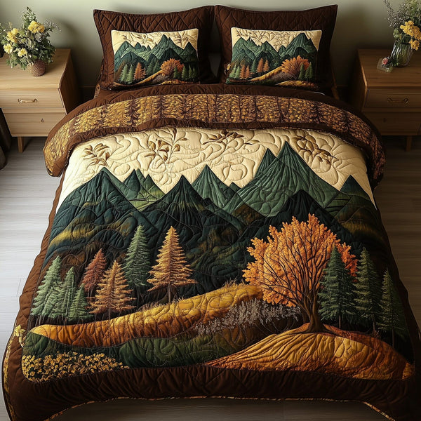 Rustic Woodland quilted 3-piece bedding set on a made bed in a farmhouse bedroom