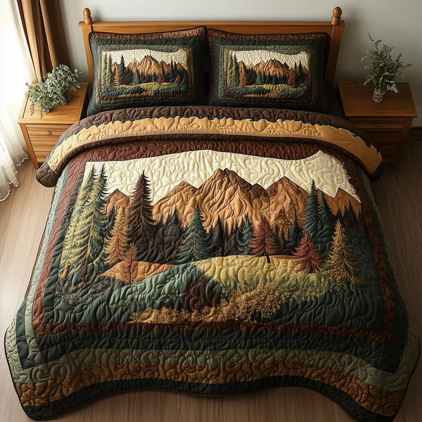 Rustic Woodland quilted 3-piece bedding set on a made bed in a farmhouse bedroom