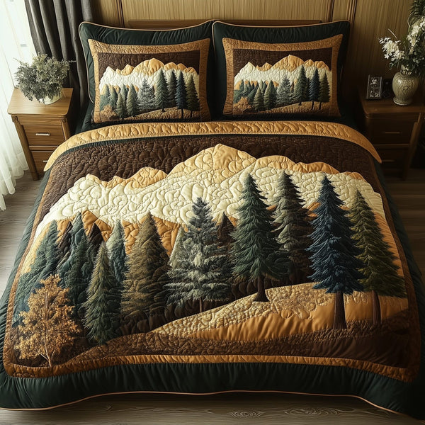 Rustic Woodland quilted 3-piece bedding set on a made bed in a farmhouse bedroom