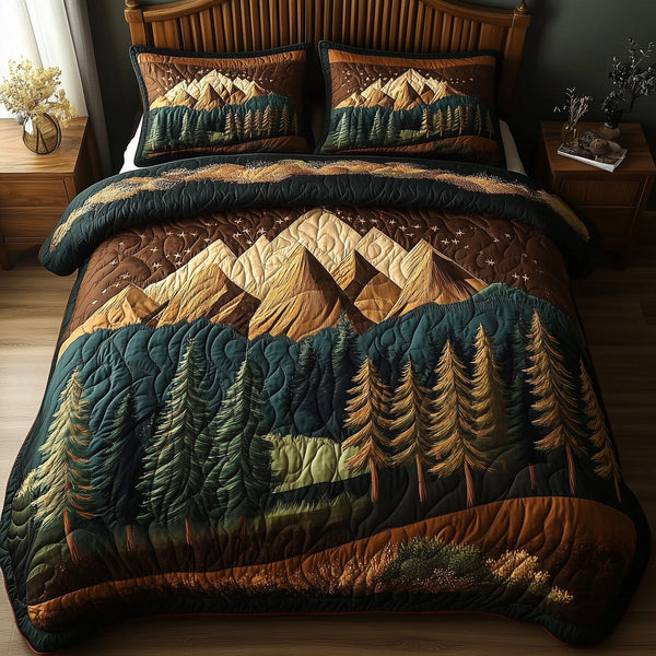 Rustic Woodland quilted 3-piece bedding set on a made bed in a farmhouse bedroom