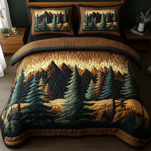 Rustic Woodland quilted 3-piece bedding set on a made bed in a farmhouse bedroom