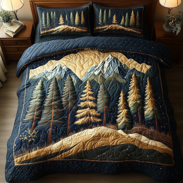 Rustic Woodland quilted 3-piece bedding set on a made bed in a farmhouse bedroom