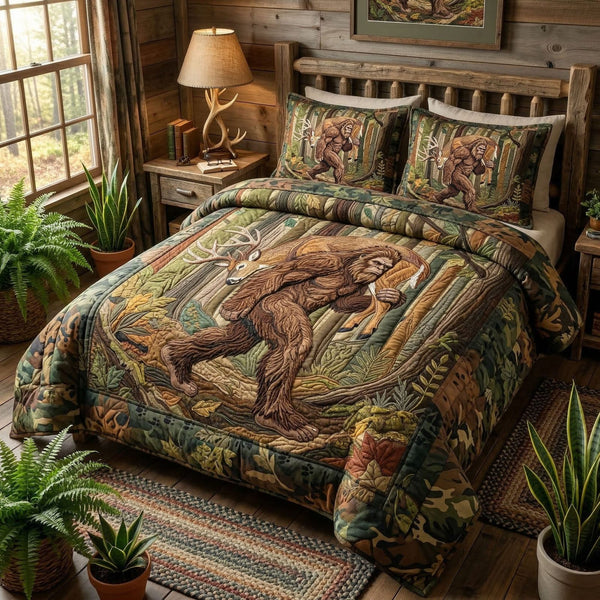 Rustic Woodland quilted 3-piece bedding set on a made bed in a farmhouse bedroom