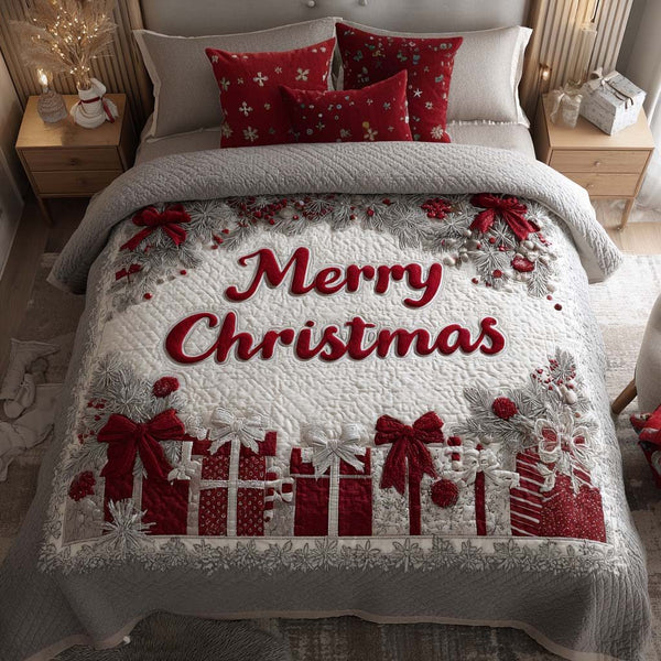 Rustic Xmas quilted 3-piece bedding set on a made bed in a winter-styled bedroom