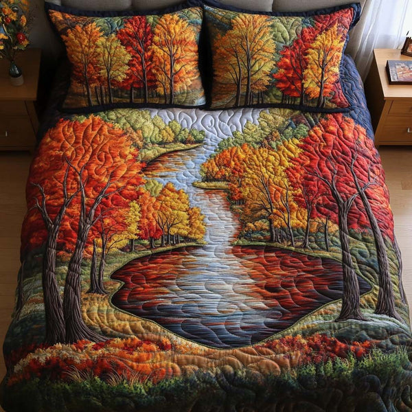 Rustling Leaves quilted 3-piece bedding set on a made bed with two matching pillow shams
