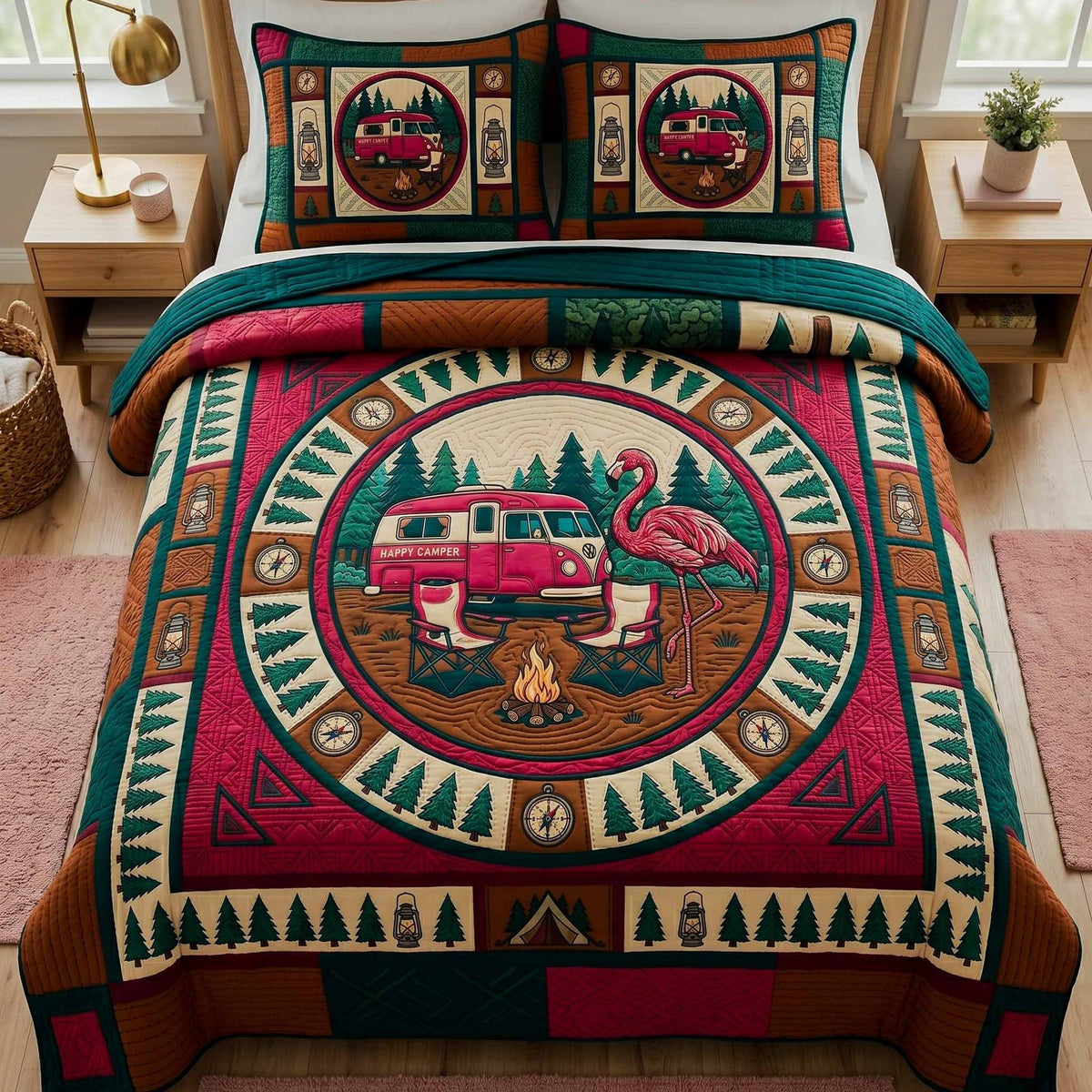 RV Camp quilted 3-piece bedding set on a made bed with two matching pillow shams