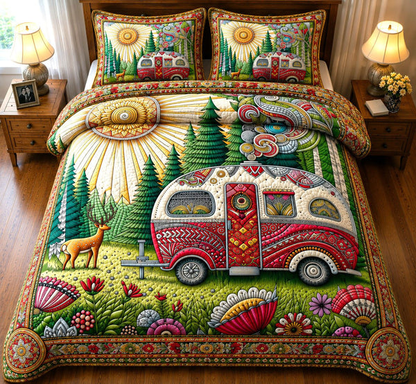 RV Camping Van quilted 3-piece bedding set on a made bed with two matching pillow shams