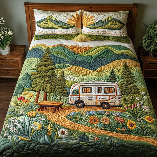RV Journey quilted 3-piece bedding set on a made bed with two matching pillow shams