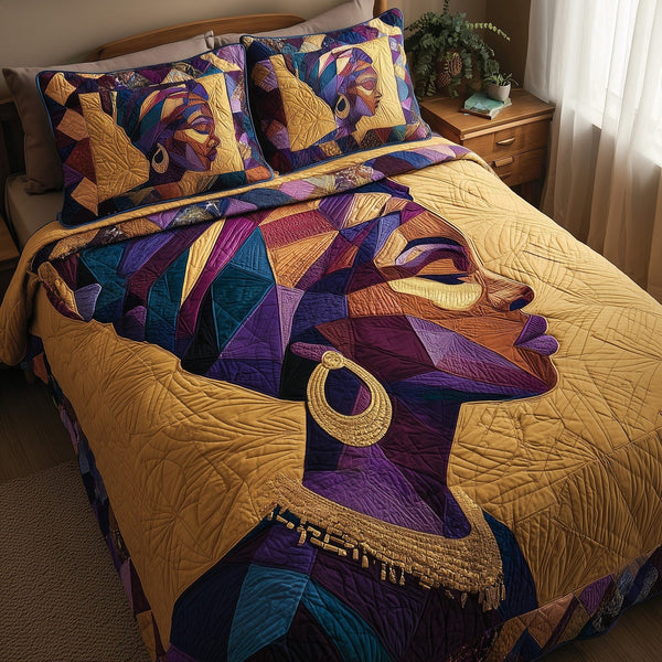 Sacred African Soul quilted 3-piece bedding set on a made bed in a softly lit bedroom