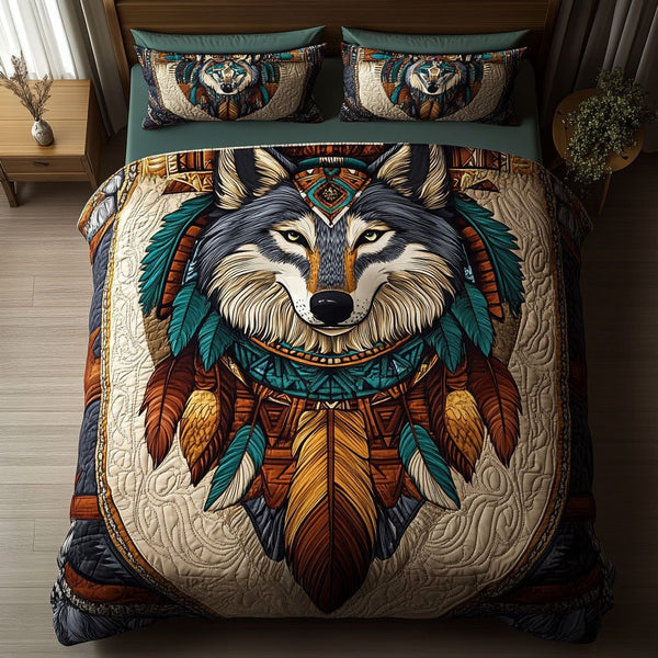 Sacred Alpha quilted 3-piece bedding set on a made bed in a softly lit bedroom