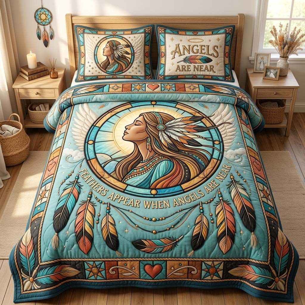 Sacred Angel Portrait quilted 3-piece bedding set on a made bed in a softly lit bedroom