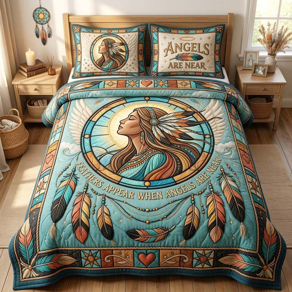 Sacred Angel Portrait quilted 3-piece bedding set on a made bed in a softly lit bedroom