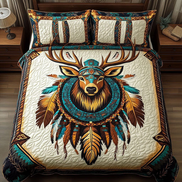 Sacred Antlers quilted 3-piece bedding set on a made bed in a softly lit bedroom