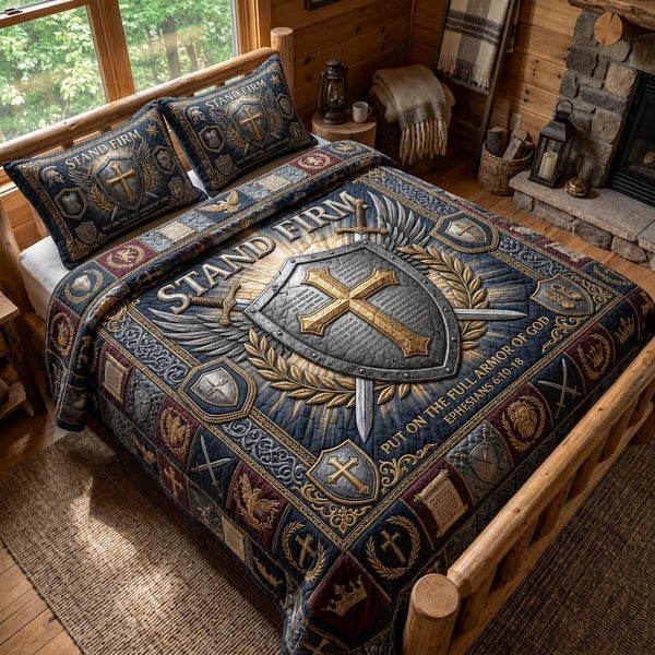 Sacred Armor quilted 3-piece bedding set on a made bed in a softly lit bedroom