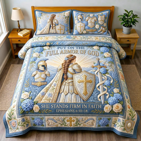 Sacred Armor quilted 3-piece bedding set on a made bed in a softly lit bedroom