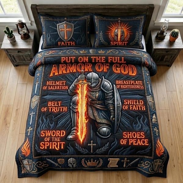 Sacred Armor quilted 3-piece bedding set on a made bed in a softly lit bedroom