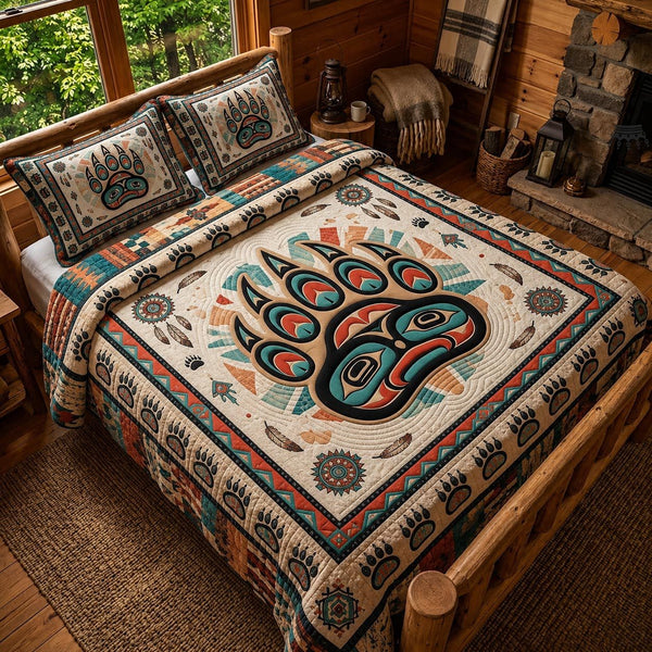 Sacred Bear quilted 3-piece bedding set on a made bed in a softly lit bedroom