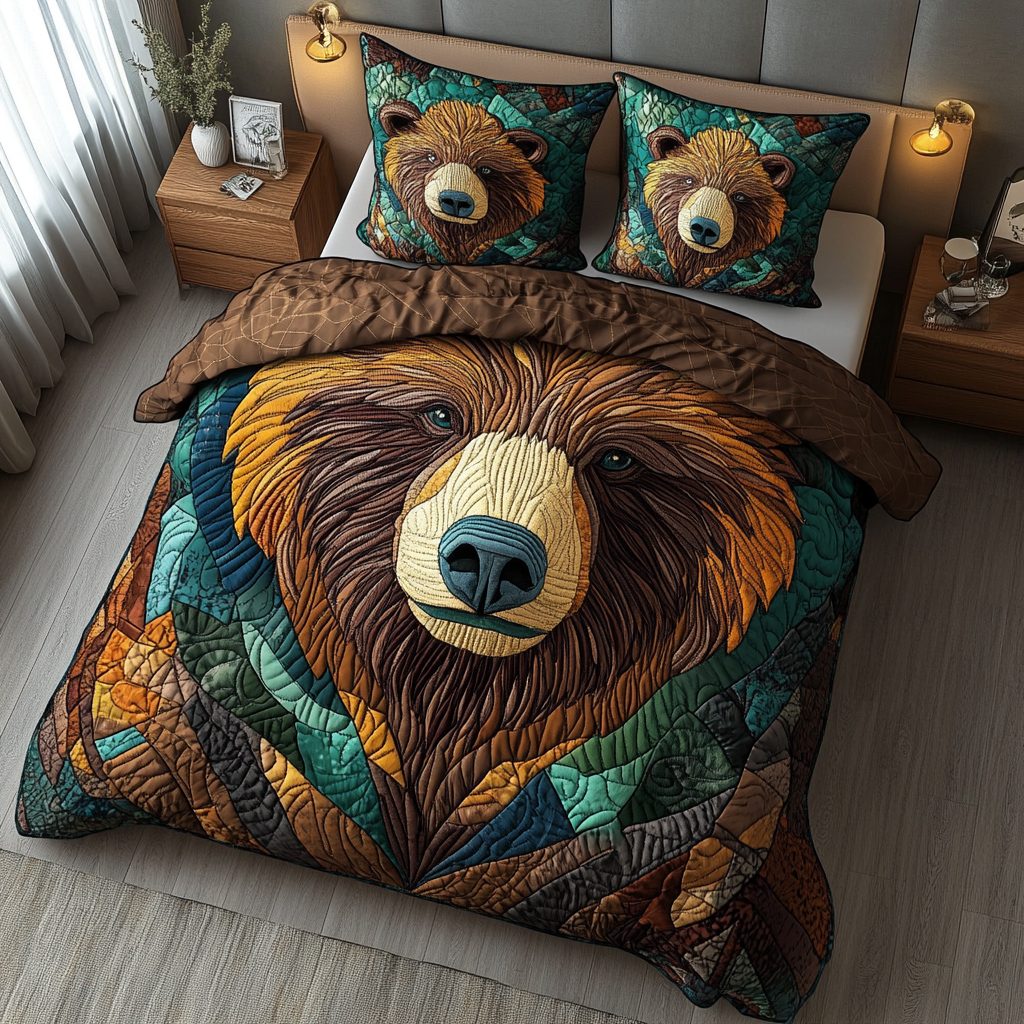 Sacred Bear quilted 3-piece bedding set on a made bed in a softly lit bedroom