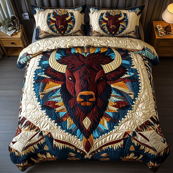 Sacred Bison quilted 3-piece bedding set on a made bed in a softly lit bedroom