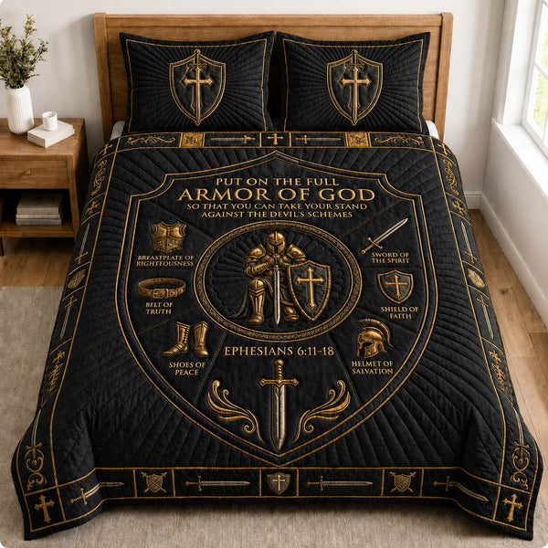 Sacred Black Gold Armor Of God quilted 3-piece bedding set on a made bed in a softly lit bedroom
