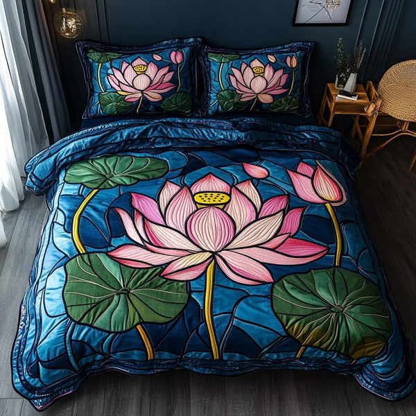 Sacred Bloom quilted 3-piece bedding set on a made bed in a softly lit bedroom