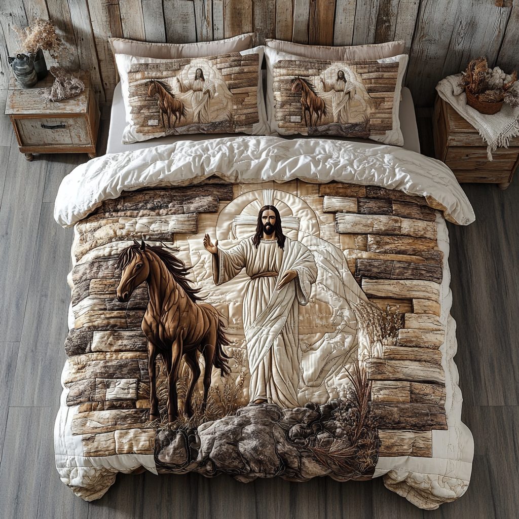 Sacred Bond quilted 3-piece bedding set on a made bed in a softly lit bedroom