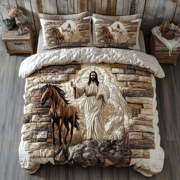 Sacred Bond quilted 3-piece bedding set on a made bed in a softly lit bedroom