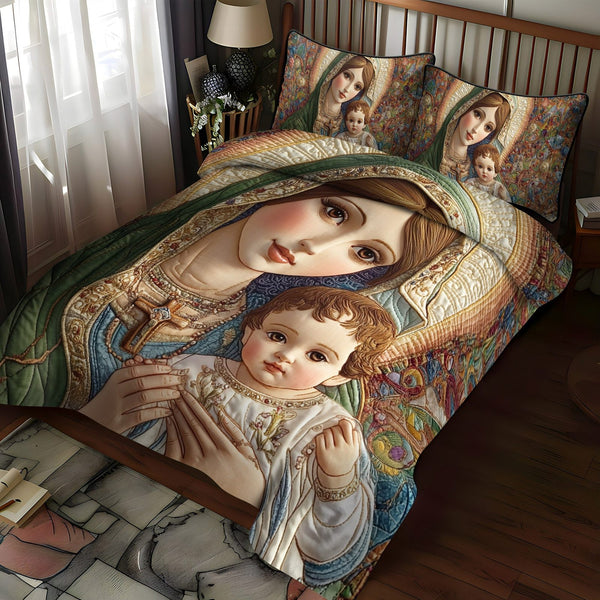 Sacred Bond quilted 3-piece bedding set on a made bed in a softly lit bedroom
