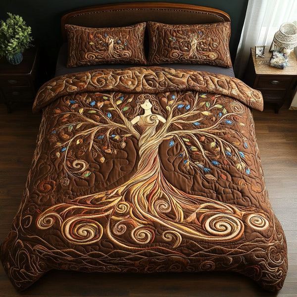 Sacred Canopy quilted 3-piece bedding set on a made bed in a softly lit bedroom