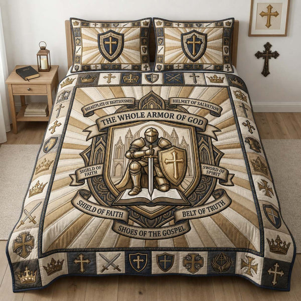 Sacred Cathedral Armor quilted 3-piece bedding set on a made bed in a softly lit bedroom