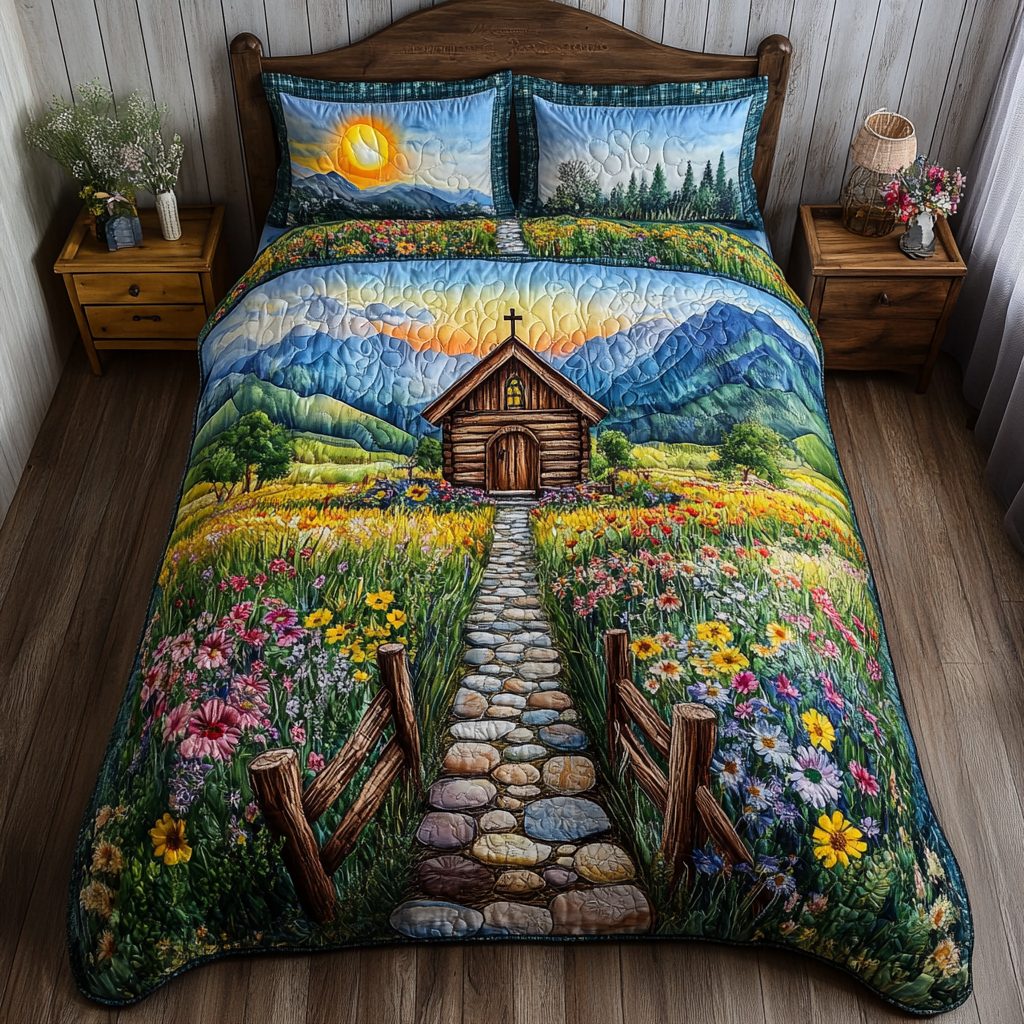 Sacred Church quilted 3-piece bedding set on a made bed in a softly lit bedroom