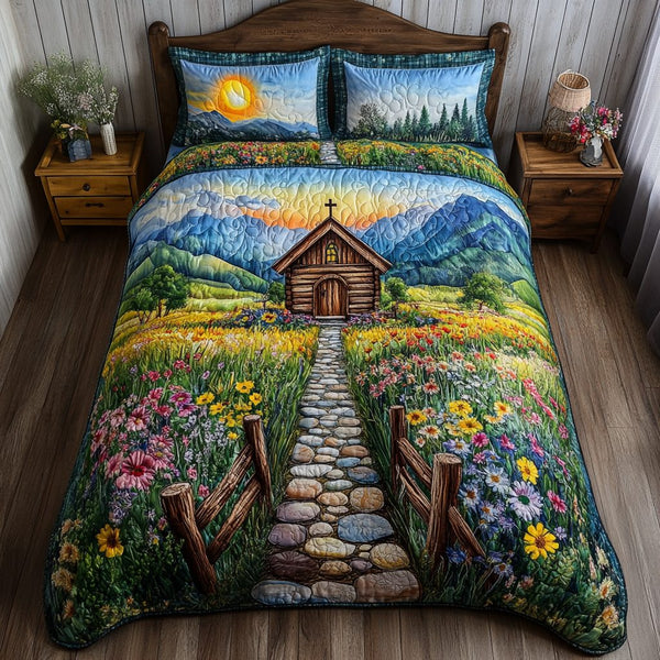 Sacred Church quilted 3-piece bedding set on a made bed in a softly lit bedroom