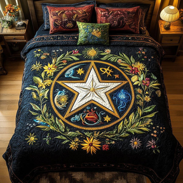 Sacred Circle Comfort quilted 3-piece bedding set on a made bed in a softly lit bedroom
