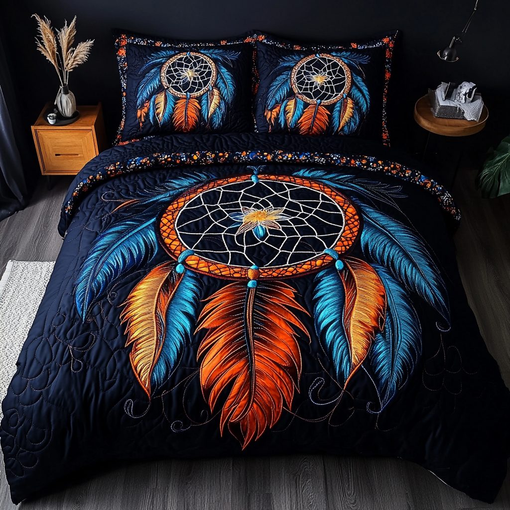 Sacred Circle quilted 3-piece bedding set on a made bed in a softly lit bedroom