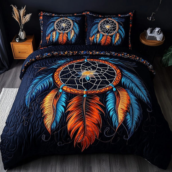 Sacred Circle quilted 3-piece bedding set on a made bed in a softly lit bedroom