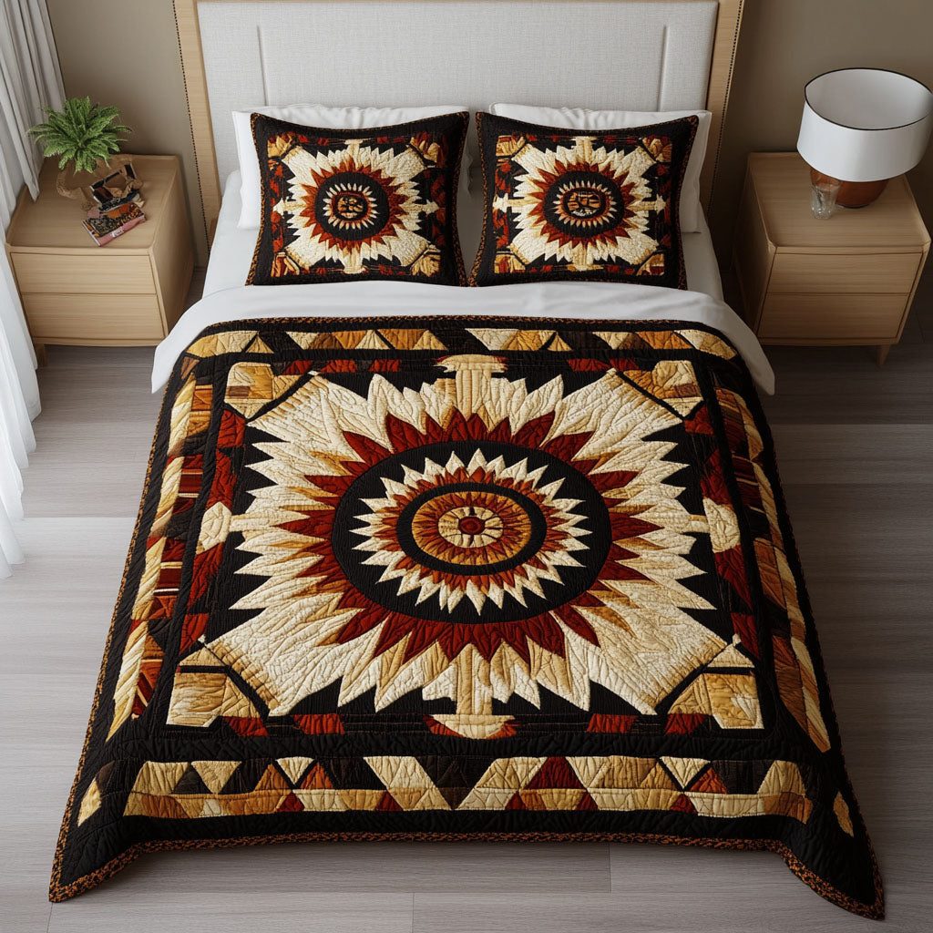 Sacred Circle quilted 3-piece bedding set on a made bed in a softly lit bedroom