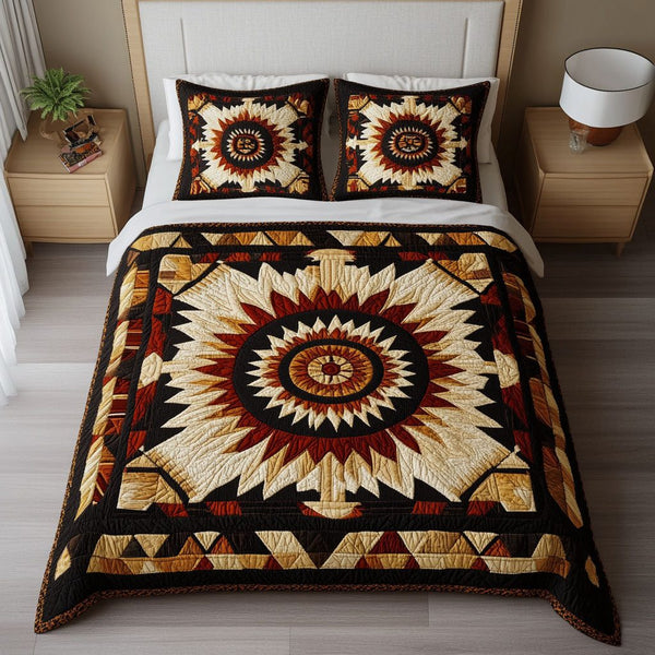 Sacred Circle quilted 3-piece bedding set on a made bed in a softly lit bedroom