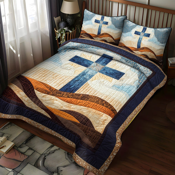 Sacred Cross quilted 3-piece bedding set on a made bed in a softly lit bedroom