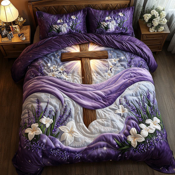 Sacred Cross quilted 3-piece bedding set on a made bed in a softly lit bedroom
