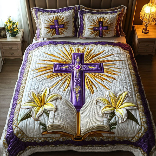 Sacred Cross quilted 3-piece bedding set on a made bed in a softly lit bedroom