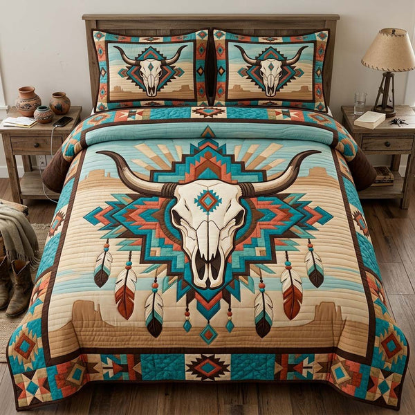 Sacred Desert Skull quilted 3-piece bedding set on a made bed against a dark styled interior