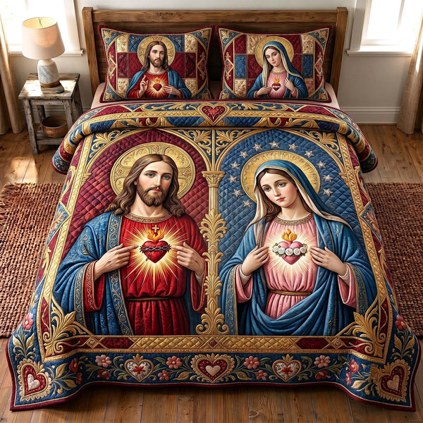 Sacred Devotion quilted 3-piece bedding set on a made bed in a softly lit bedroom