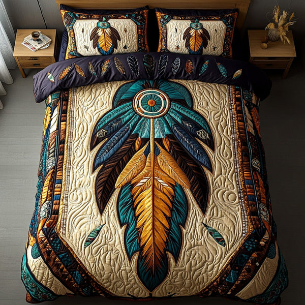 Sacred Dream Weaver quilted 3-piece bedding set on a made bed in a softly lit bedroom