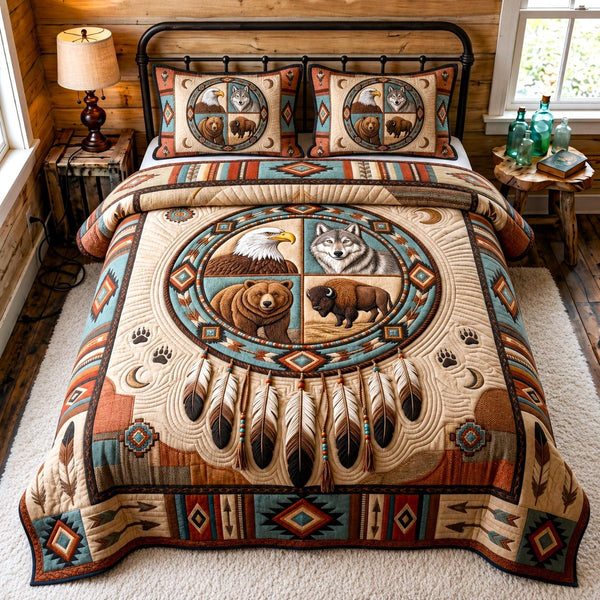 Sacred Dreams quilted 3-piece bedding set on a made bed in a softly lit bedroom