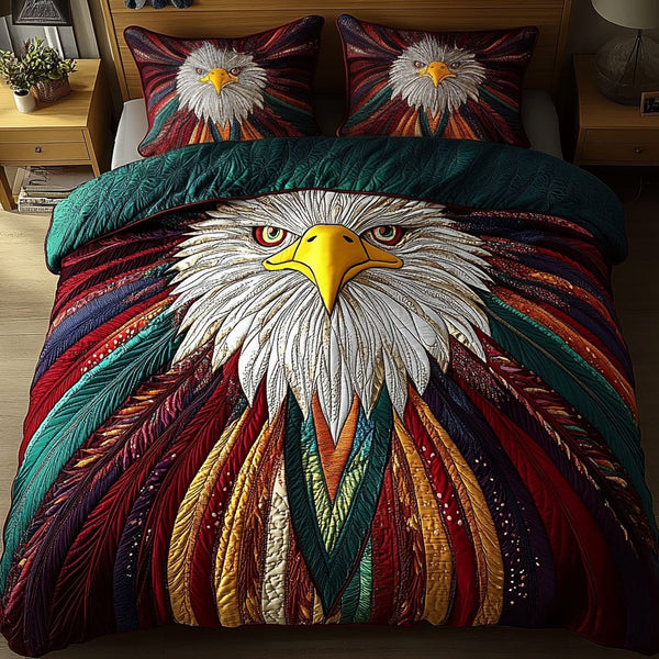 Sacred Eagle quilted 3-piece bedding set on a made bed in a warmly lit bedroom