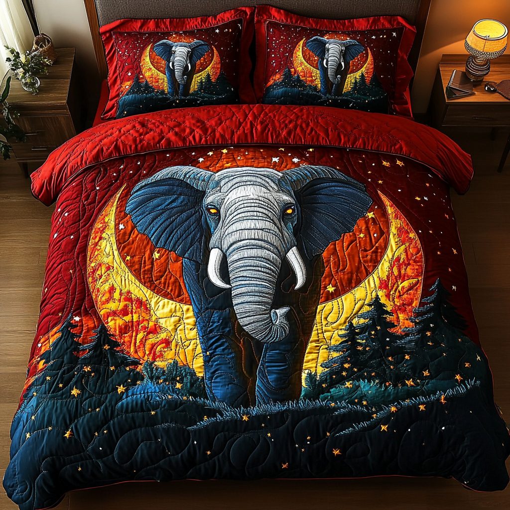 Sacred Elephant quilted 3-piece bedding set on a made bed in a softly lit bedroom
