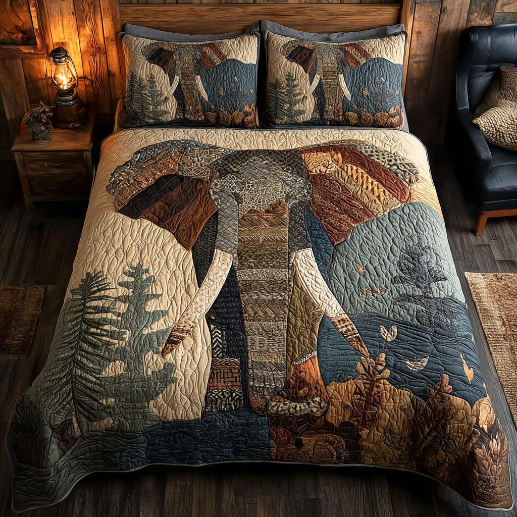 Sacred Elephant quilted 3-piece bedding set on a made bed in a softly lit bedroom
